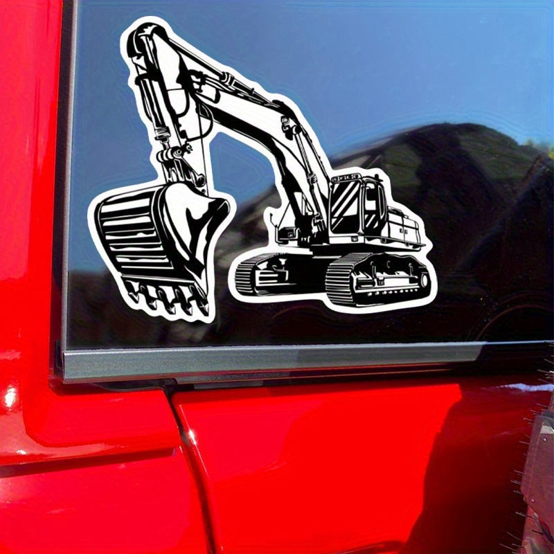 Heavy Equipment Stickers - Stiker Vinyl Kartun Excavator Hitam Putih,